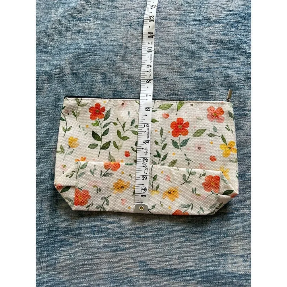Orange Yellow Flower Cotton Canvas Small Makeup Bag Travel Toiletry Pouch